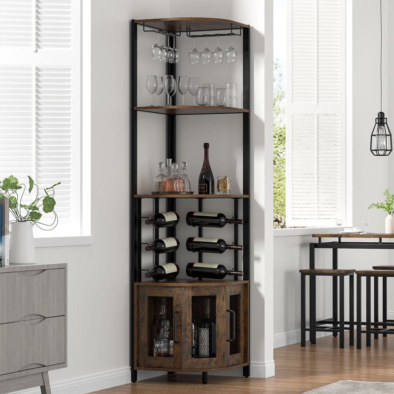 65"H Industrial Style Brown Wood Corner Bar Cabinet with Wine Glass Rack and Storage Cabinet