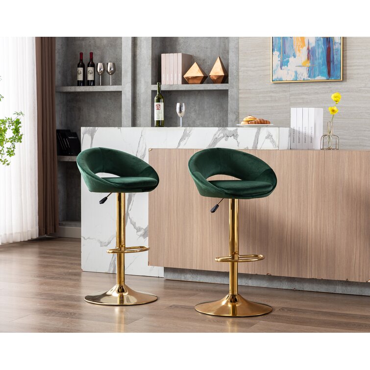 Velvet Bar Stools Set Of 2 Modern Counter Height Barstools With Low Back Ajustable Swivel Kitchen Bar Chairs With Gold Footrest For Home Bar/Dining Room, Green