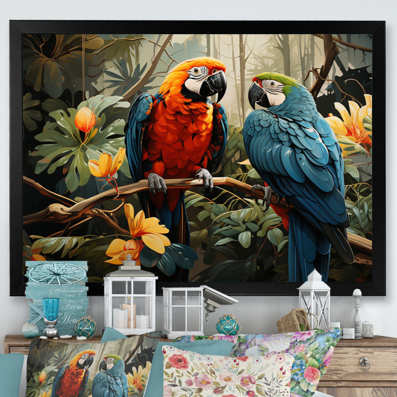 «Tropical Parrot Plumage I», art mural grand perroquet, H 24 po x l 32 po x P 1 po, Cadre simple noir