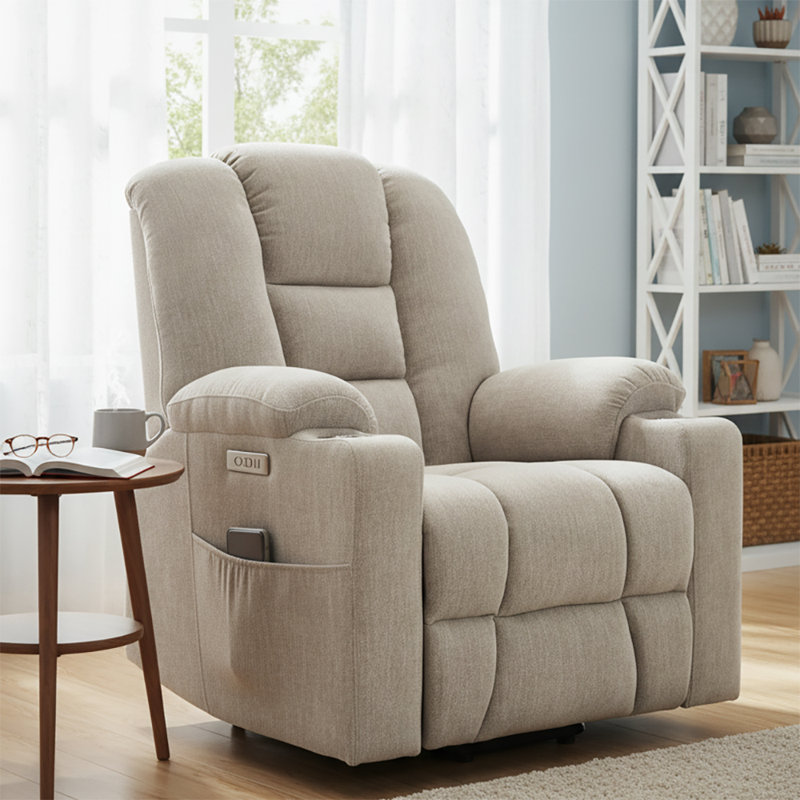 Power Chenille Upholstered Recliner Chair with Lift Base and Massage Heating Function, Beige