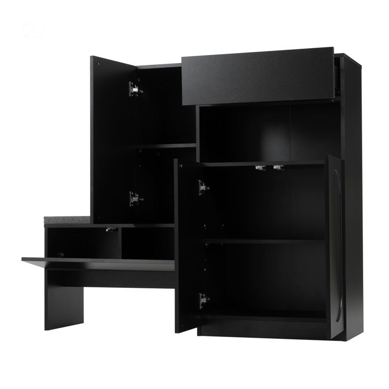 Élégant range-chaussures 2-en-1 avec coussin moelleux, banc de rangement moderne avec portes arquées et dispositifs de rebond, range-chaussures polyvalent avec tablettes réglables pour le couloir et le salon