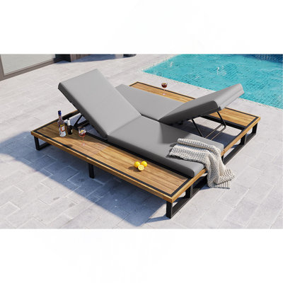 Outdoor Chaise Lounge Chair With 5-Position Adjustable Backrest, Reclining With Cushion, Patio Lounger With Wood Side Table, Sturdy Frame For Poolside, Garden, And Backyard