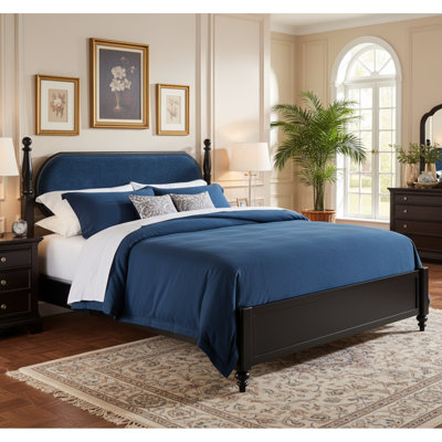 Structure de grand lit, plateforme en bois massif avec lattes, tête de lit tapissier bleu marine et noir, aucun sommier moderne requis