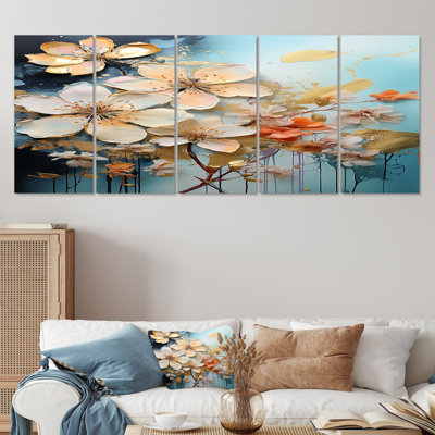Fleur de plumeria blanc rétro bleu - art mural 5 pièces Plumeria