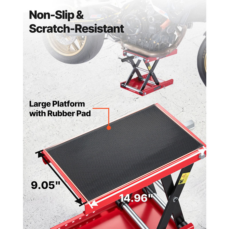 Motorcycle Lift, 1100 lbs Motorcycle Scissor Lift Jack with Wide Deck & Lock Pin, 3.74"-13.38" Center Hoist Crank Stand, Steel Scissor Jack for Street Bikes, Cruiser Bikes, Touring, Red/Black