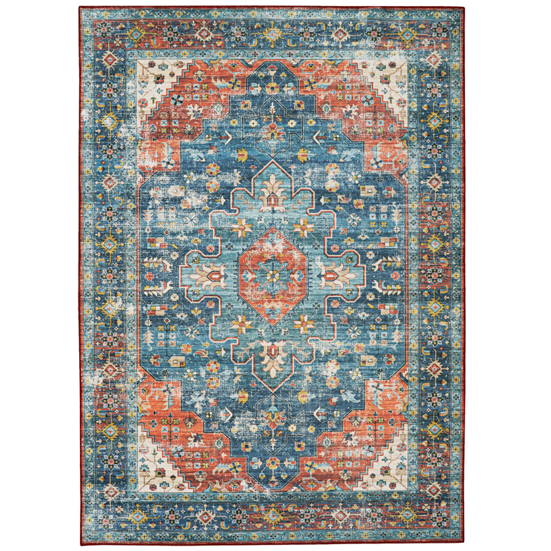 Ducote Washable Teal and Rust Machine Woven Area Rug, Rectangle 5' x 7'