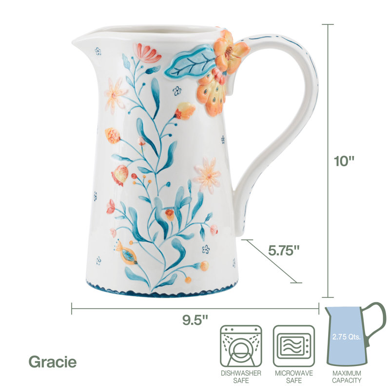 White Earthenware Floral Graphic Detail Boho Pitcher, 2.75 Quarts