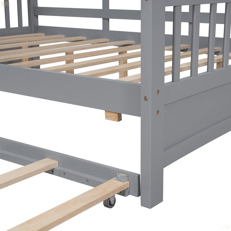 Lit de maison en bois avec lit gigogne, conception moderne pour enfants avec tablette de rangement, Gris, Lit double