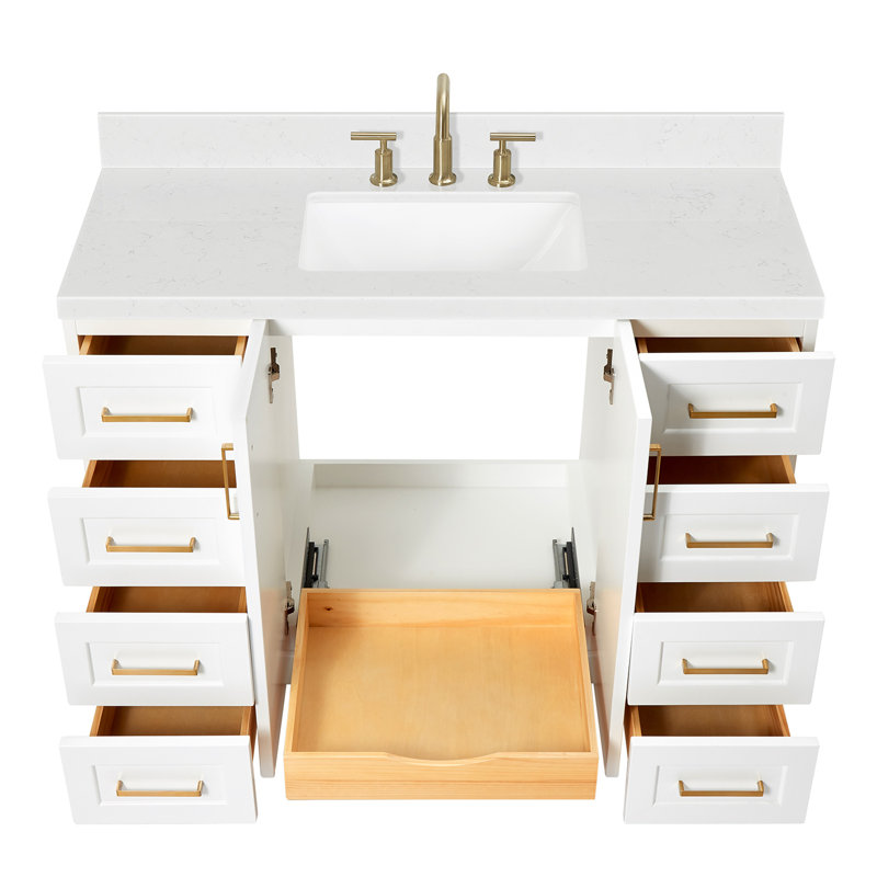 Freitas 48'' Solid Wood Single Bathroom Vanity, White, Rectangle, Carrara Quartz