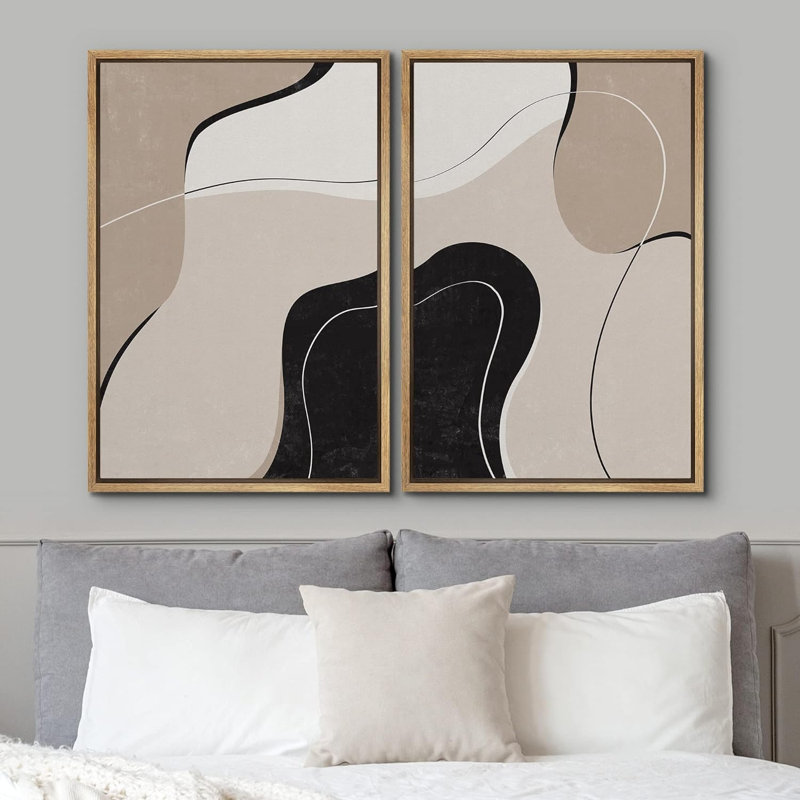 Mid Mid Century Black Tan & Brown Swirling Wave Collage Abstract Shapes Modern Rustic Relax / Calm On Canvas, reproduction de 2 pièces