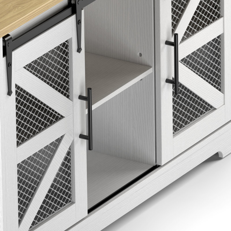 Detrell 65” L-Shape Home Office Desk with Cabinet and Sliding Barn Doors, Farmhouse Executive Desk With Outlet, Rustic Computer Desk