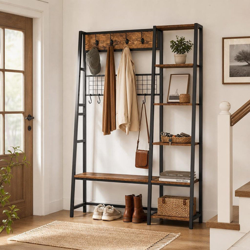 4-in-1 Coat Rack & Hall Tree with Shoe Bench, Entryway Bench with 8 Removable Hooks, Industrial Storage for Foyer, Black