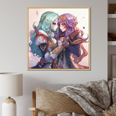 Couple d'anime s'embrassant pastel tendre, impression sur toile