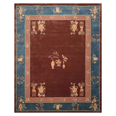 Brown Hand Tufted Vase Area Rug in Multi Sizes Chinese Art Deco Design