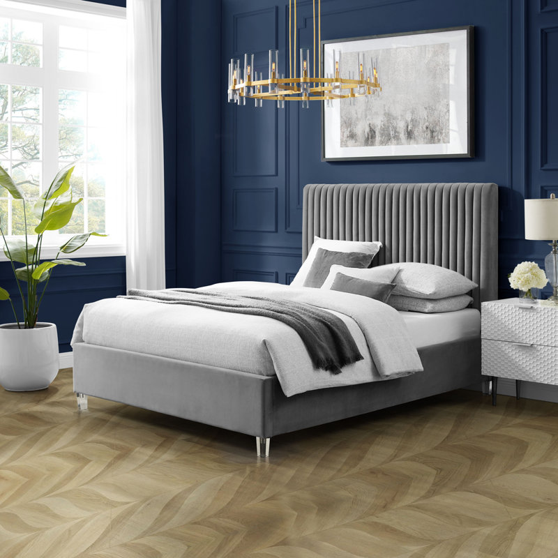 Lit plateforme tapissier Mineola, Gris, Grand