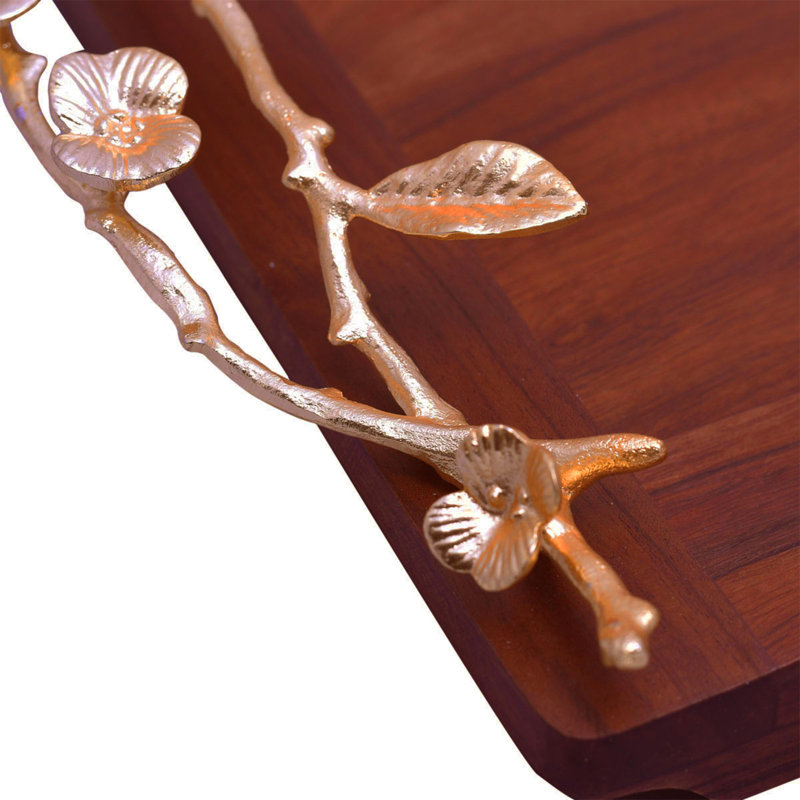 Afolabi Acacia Wood Serving Tray with Gold Branch Handles for Kitchen Counter Christmas Gift & Decor