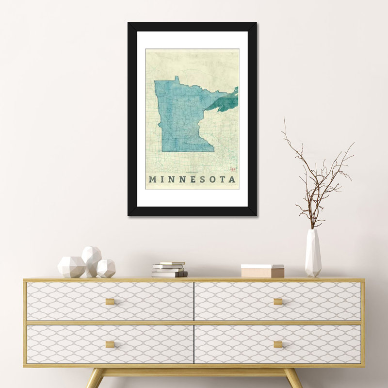 « minnesota map », impression sur toile, H 24 po x l 16 po x P 1 po, Papier d'art encadré noir, Blanc
