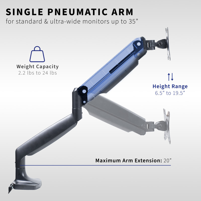 Black Aluminum Single Ultrawide Monitor Desk Mount with Pneumatic Arm