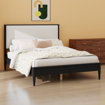 Contemporary Mid-Century Modern Platform Bed, Boucle Headboard, Tapered Legs and Wood Slat Support