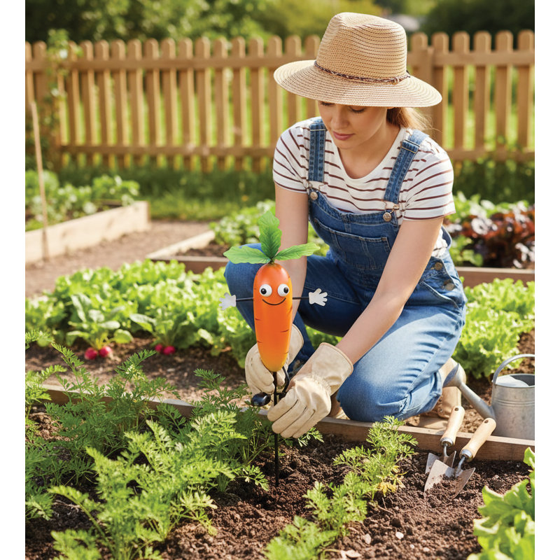 Poteau de jardin en métal Krylin avec détails peints à la main et finition résistante aux intempéries - carotte, Carotte