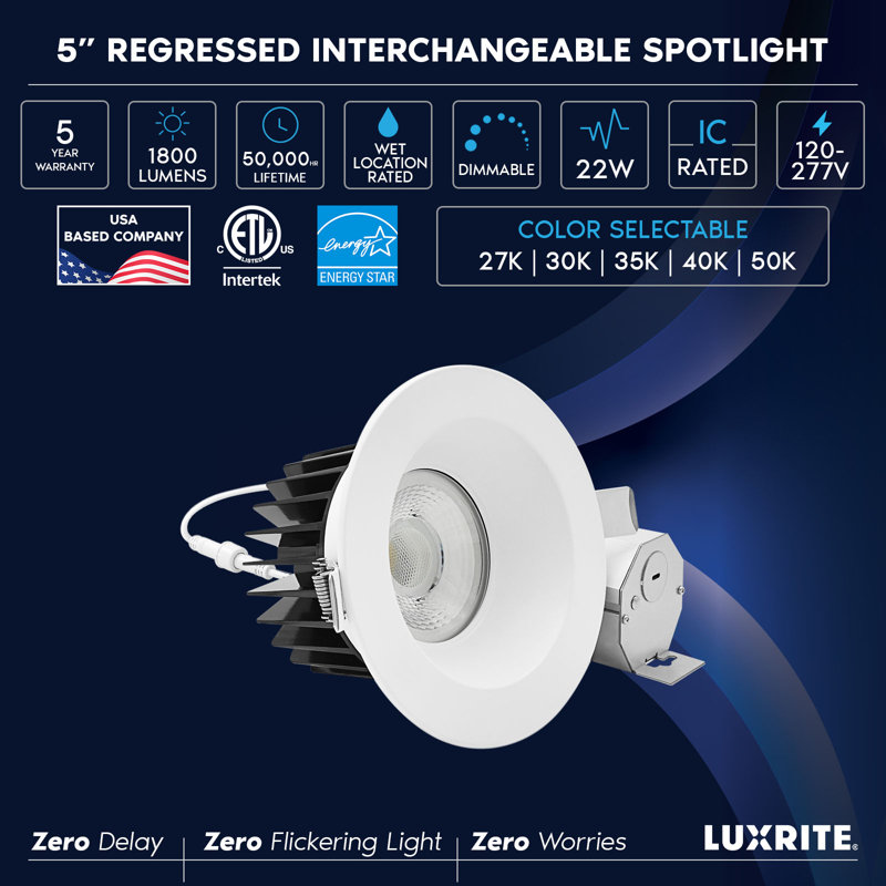 Luminaire encastré à DEL de 5 pouces Luxrit, régressé avec garniture ronde blanche, 22W, 1800LM, 5CCT, faisceau 38 °, à intensité variable, Twist-N-Lock, CRI90, ETL