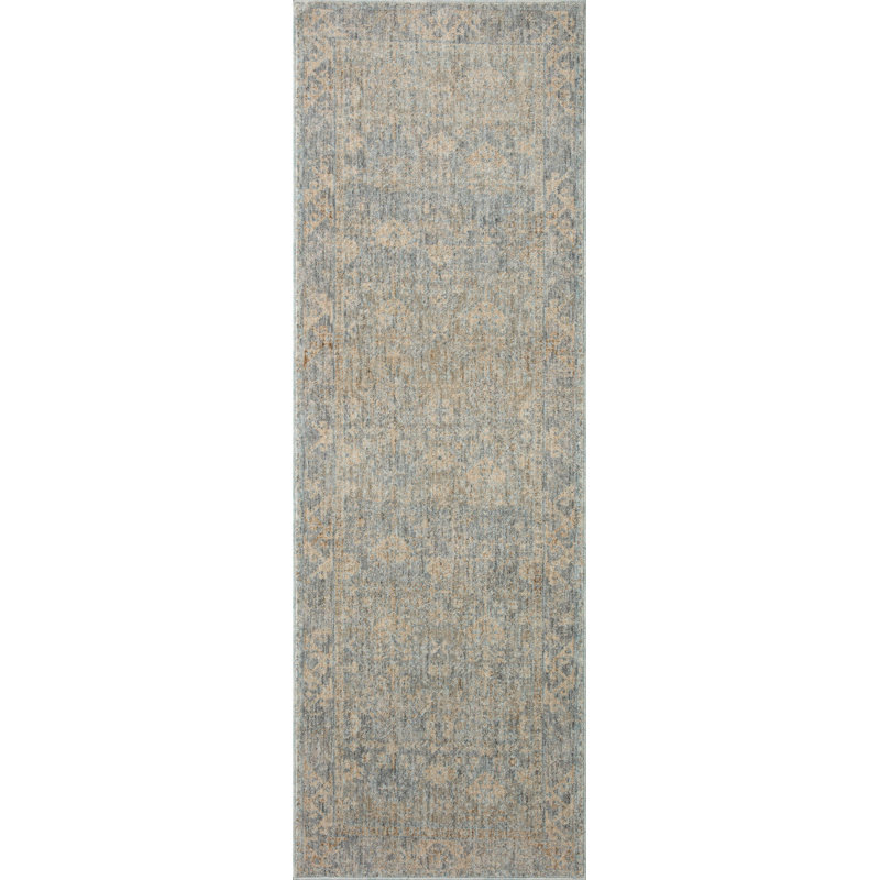 Sky and Beige Distressed Polyester Runner Rug with Fringe