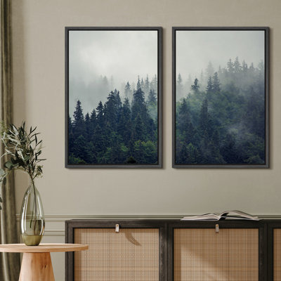 Misty Forest Landscape Mountain Green Pine Trees Nature Photo Framed Canvas 2 Pieces Print Wall Art