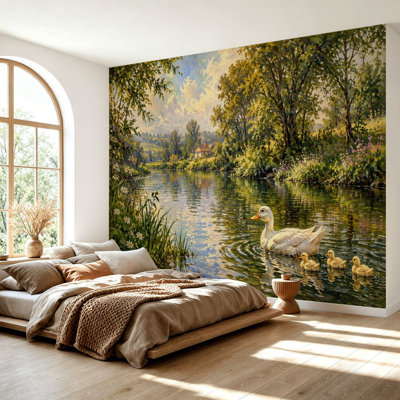 Wall Mural Peel and Stick Wallpaper White Duck Ducklings Swimming Serene Forest Pond Landscape Self-Adhesive Removable Contact Paper Wall Decor for Living Room Bedroom 69"H x 96"W