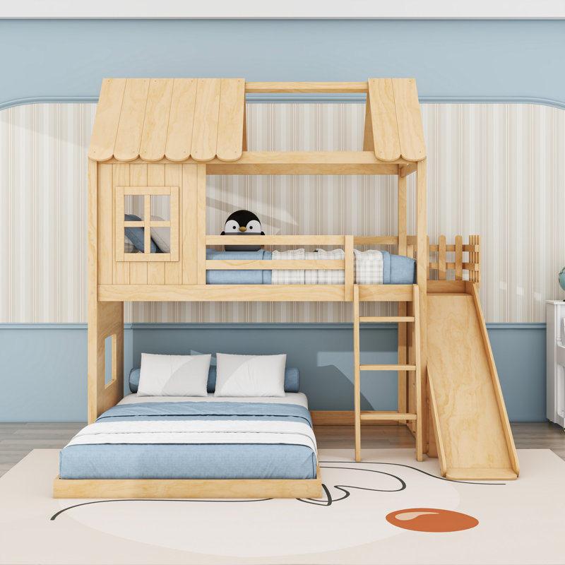 Lit superposé simple au-dessus d'une chambre double avec glissoire, échelle, garde-robe et tablettes de rangement Enchanted