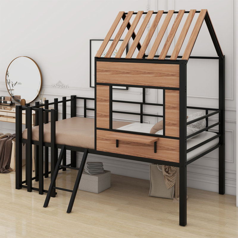 Metal Loft Bed With Roof, Window, Guardrail And Ladder, Black