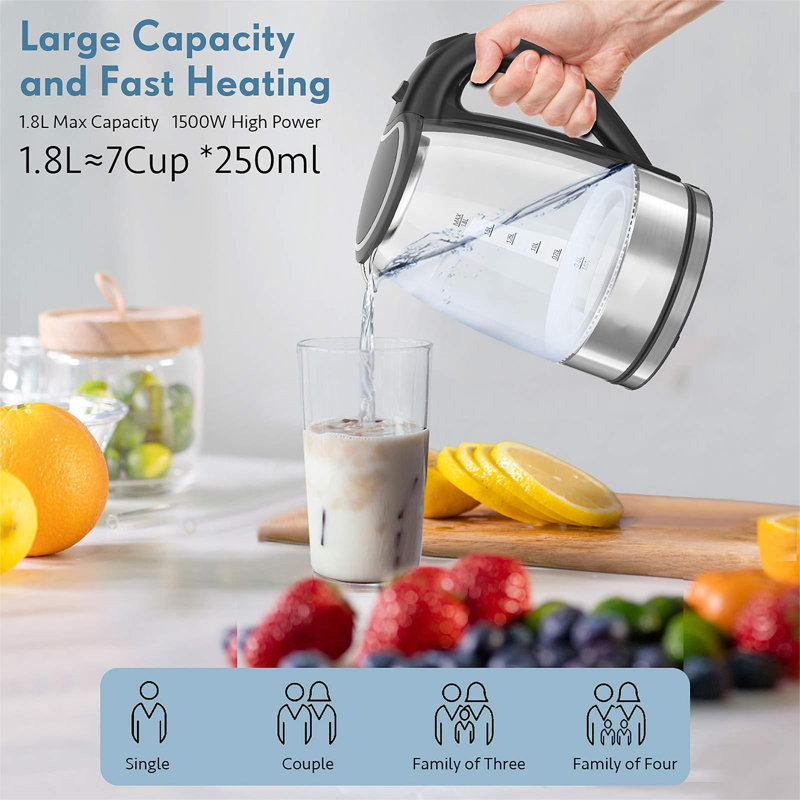Electric Kettle, 1.8L Borosilicate Glass Tea Kettle With LED Light, Auto Shut-Off And Boil-Dry Protection Cordless Kettle Fast Boiling