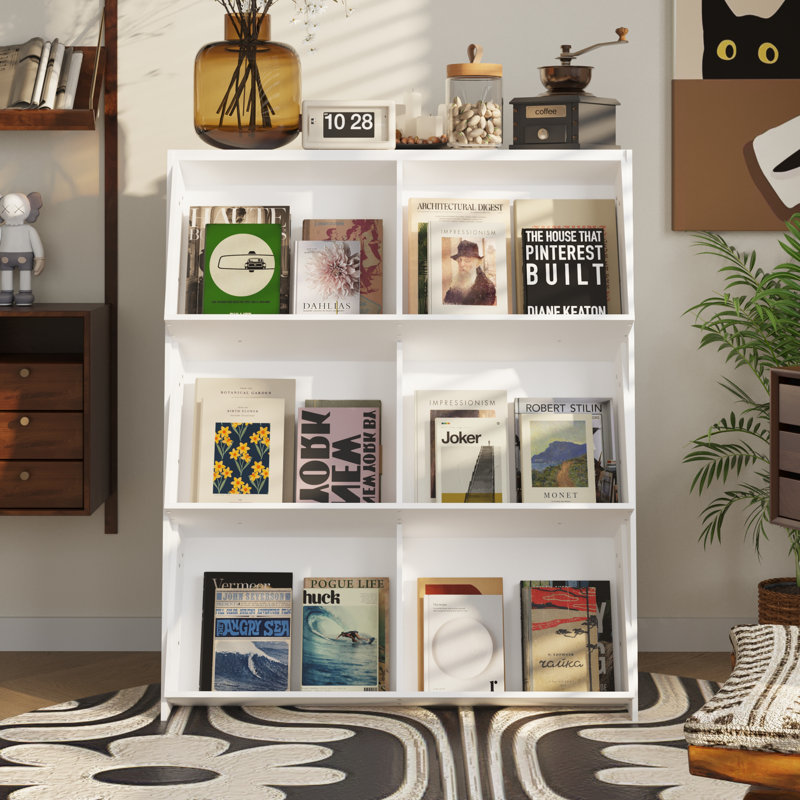 Modern Double-Sided Magazine Rack And Bookshelf Organizer With 12 Storage Compartments, Freestanding Display Shelf For Living Room Or Office, 47.2” High White Storage Cabinet