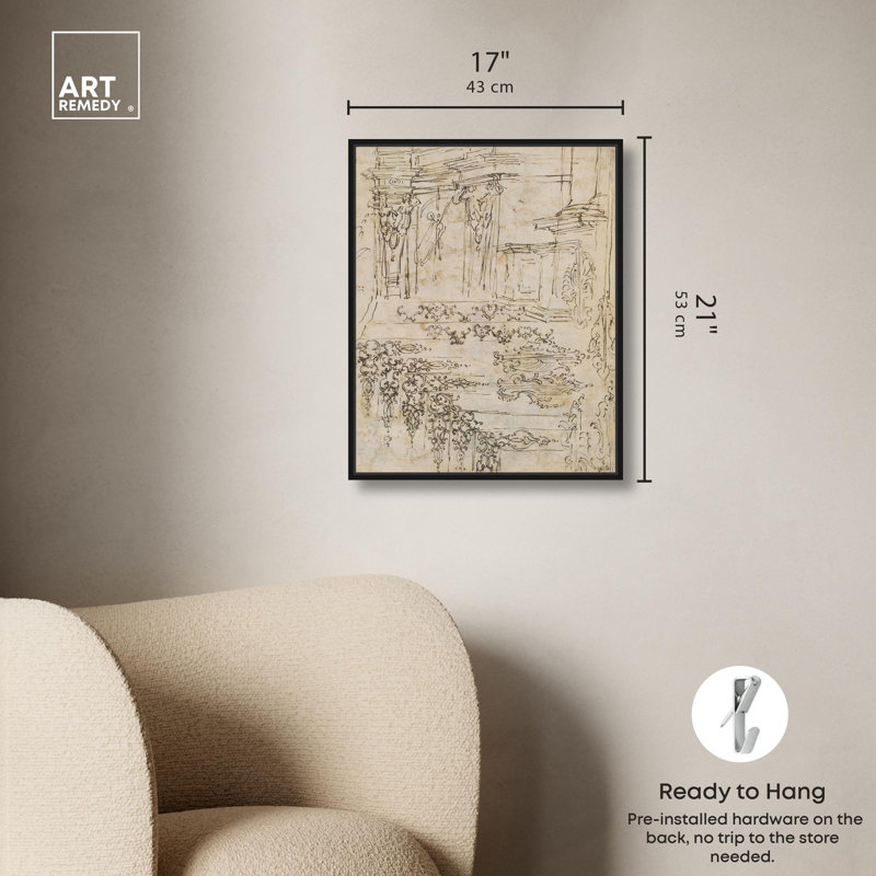 «Ornament and Architecture 1710 Canvas Classic Sketches» par Art Remedy, H 21 po x l 17 po, Cadre flottant noir