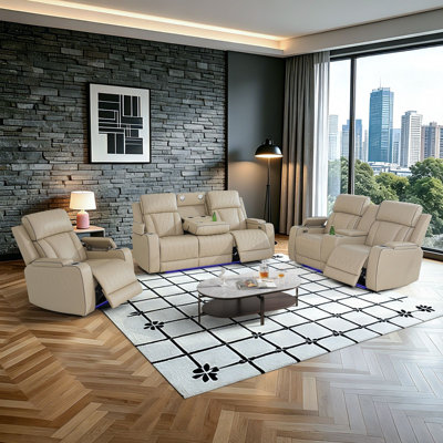 Ensemble de canapé inclinable de salon en cuir 3 pièces avec porte-gobelets, lumière DEL, port USB et rangement pour cinéma maison (beige)