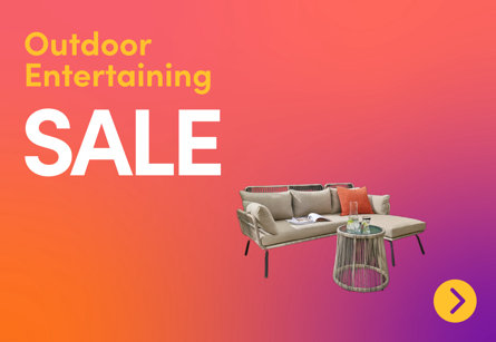 Outdoor Entertaining SALE featuring a rattan sofa set with a coffee table on an orange and purple gradient background.
