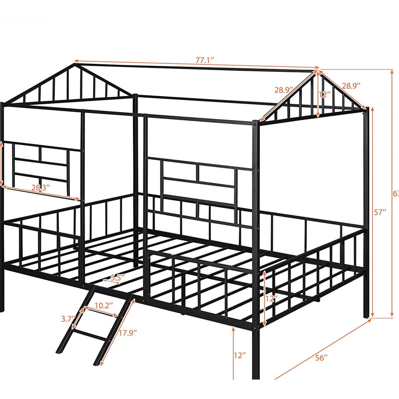 Lit superposé simple noir de style contemporain avec une conception de maison, une structure entièrement en métal et une conception en angle