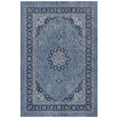 Dune2 Traditional Overdyed Solid Blue Gray Cream Non-Slip Low Pile Indoor Outdoor Pet Friendly Living Room Bedroom Dining Room Entryway Hallway Office Washable Rug