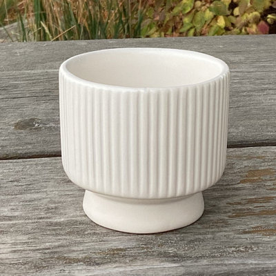 Matte White Ribbed Pedestal Planter