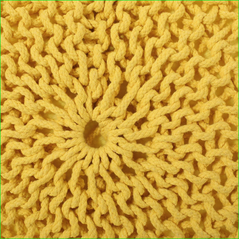 Ottoman, Round Knitted Cotton Pouf for Living Room/Floor | Lemon Yellow | Cotton, Yellow