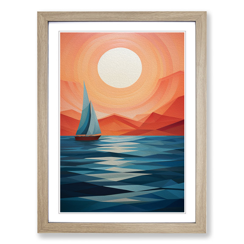 Seascape Geometric - Single Picture Frame Print on Wood, Oak, 34cm H x 25cm W x 2cm D