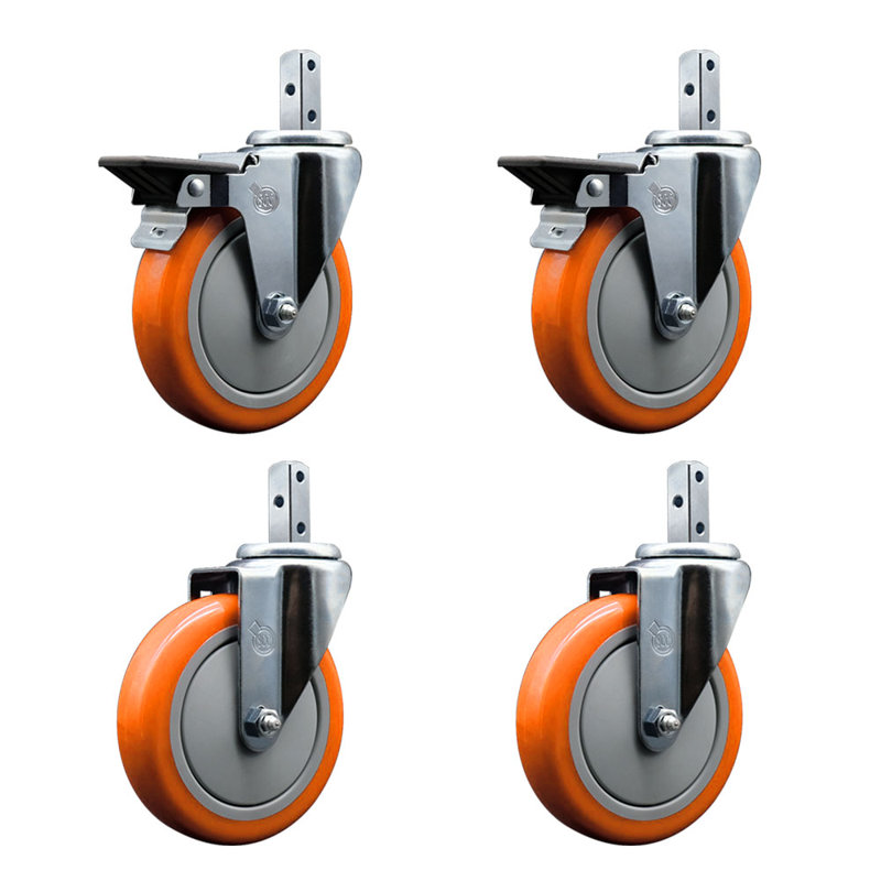 Ensemble de roulettes à tige carrée 5 po en polyuréthane pivotant 7/8 po 2 freins, Orange