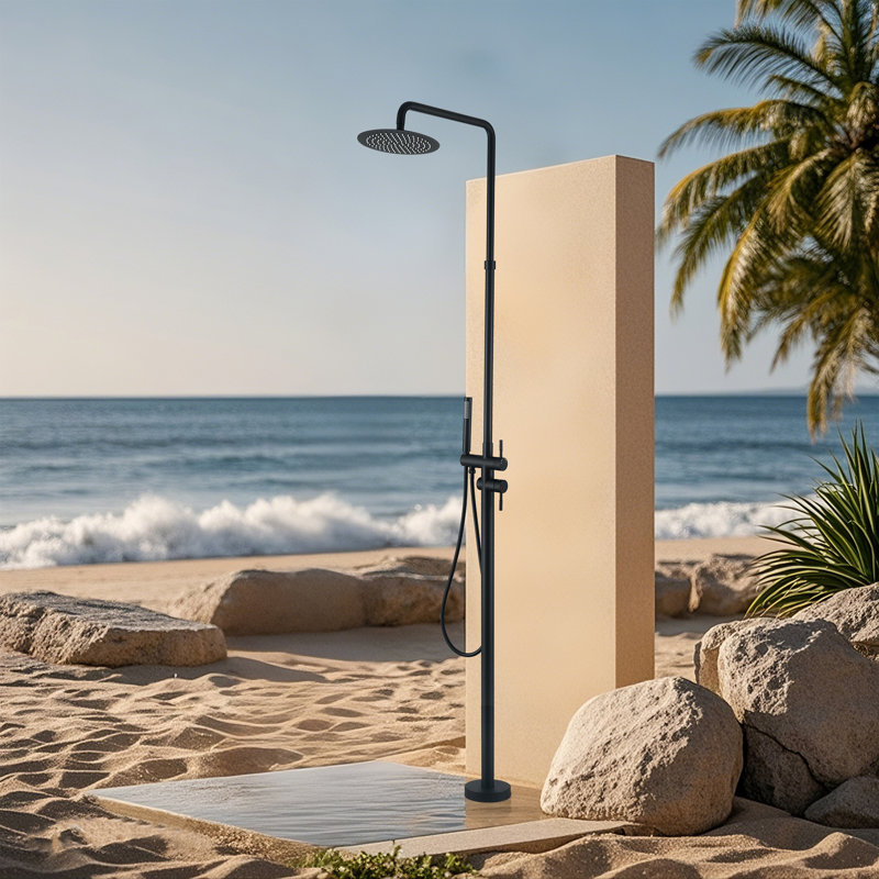 86"H 304 Stainless Steel Freestanding Outdoor Shower with Rainfall Shower Head with Handheld Shower with Temperature Control