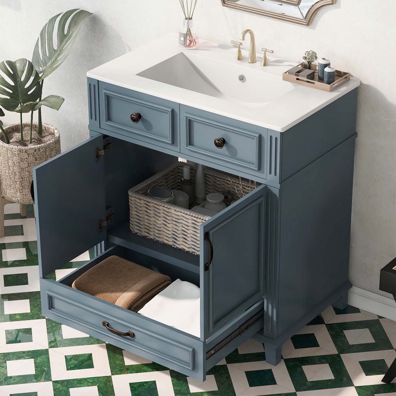 Charming Bathroom Vanity with Durable Wood and Practical Storage, Blue/Black