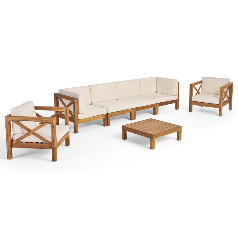 Ensemble de conversation avec canapé en teck et coussins 4 pièces Raymo, Beige