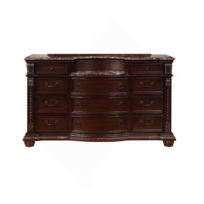 1Pc Marble Top 11 Drawers Dresser Intricate Moldings Beautifully Curved Silhouette Bedroom Solid Wood Furniture