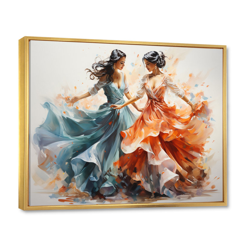«Peach Blue Indian Art Kathak Dancers», reproduction d'art sur toile, H 12 po x l 20 po, Cadre flottant doré