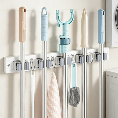 Wall Mounted Broom And Mop Holder With 5 Slots And 4 Hooks - Space Saving Tool Organizer For Garage, Closet, Laundry Room, And Kitchen