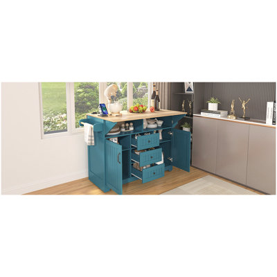 Grand îlot de cuisine 55,7 po avec 2 abattants, chariot de cuisine roulant sur 5 roulettes avec prise de courant, table de salle à manger pliante avec porte-épices et porte-serviettes, 3 tiroirs, pour la cuisine, la salle à manger, vert