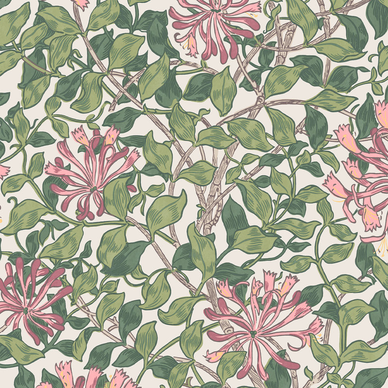 William Morris Honeysuckle Verde Wallpaper, Pink