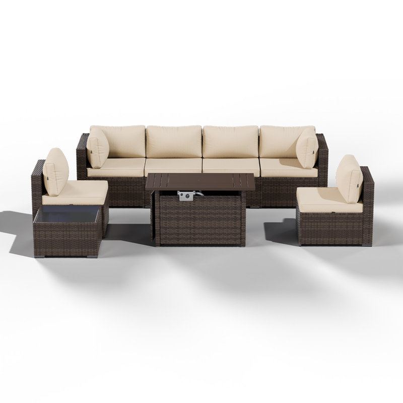 8-Piece Patio Furniture Set with Propane Gas Fire Pit Table, White, Brown